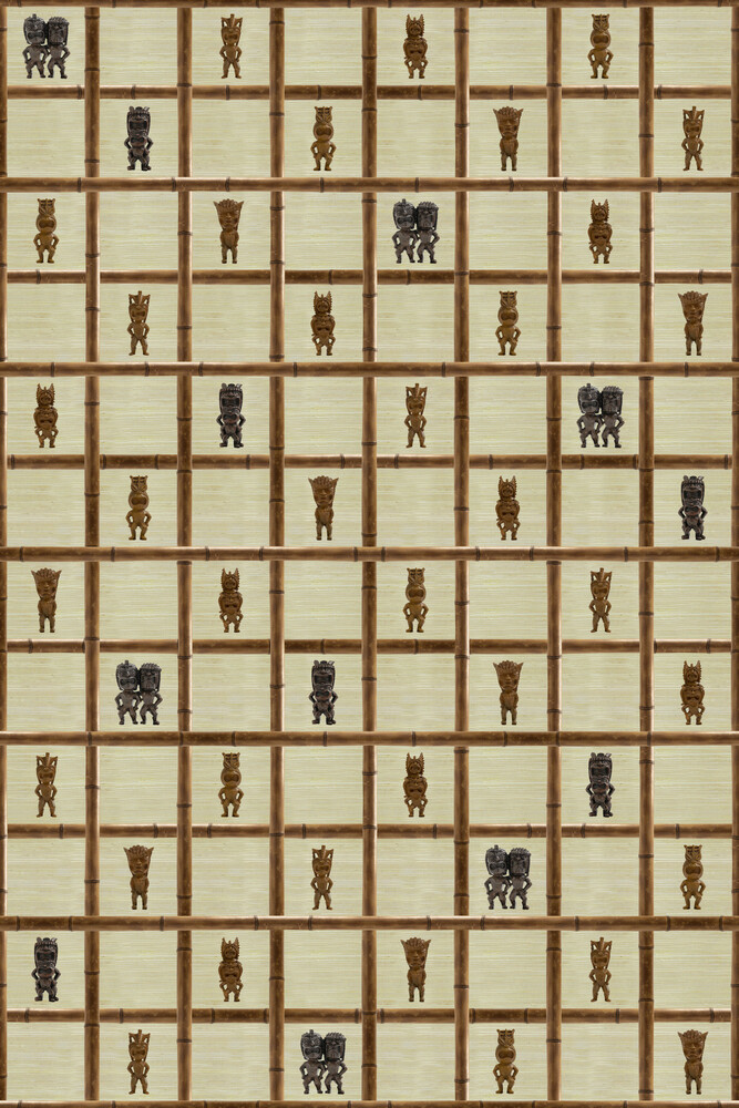 Tiki gods criss cross pattern on grass cloth