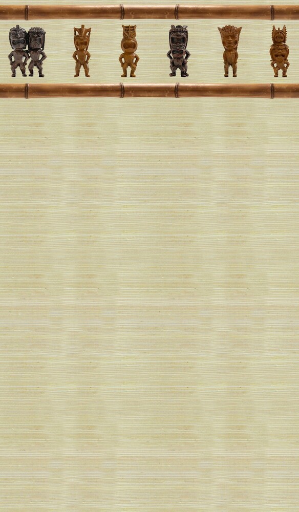 Tiki gods border on grass cloth